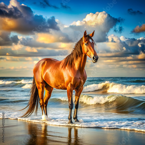 A horse stands by the ocean on a sandy beach under a cloudy sky