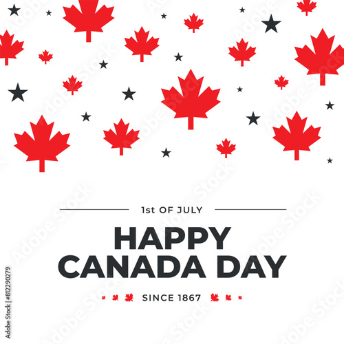 First of July Canada day celebration poster with red maple leaves and stars. Square social media post design template. Simple trendy minimalistic geometrical style. White background with red leaves.