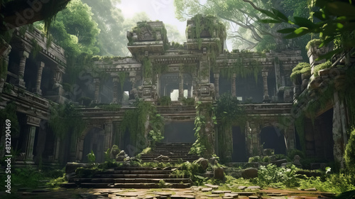 Old oriental temple ruins in jungle, ancient architecture, Surreal mystical fantasy artwork