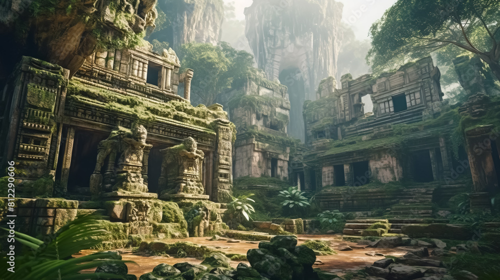 Fototapeta premium Temple ruins in fantasy mountains, old stone palace in jungle