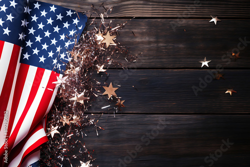 United States Flag with shiney stars on left side of the composition. Dark wood background. 4th of July Presentation Background, Independence day presentation photo