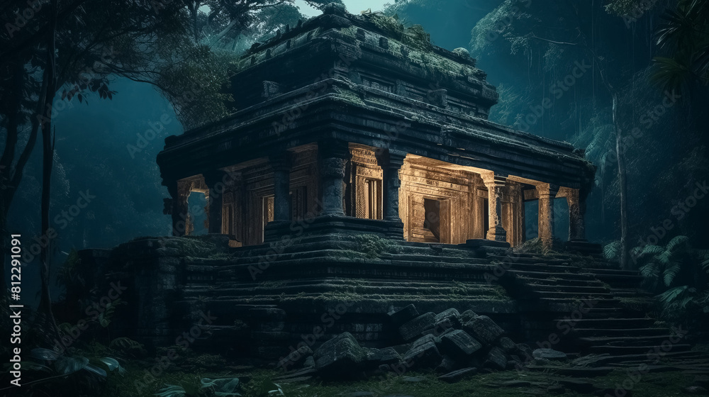 Fantasy temple in tropical forest at night, old building ruins in jungle, Surreal mystical fantasy artwork Fantasy temple in tropical forest at night, old building ruins in jungle, Surreal mystical fantasy artwork