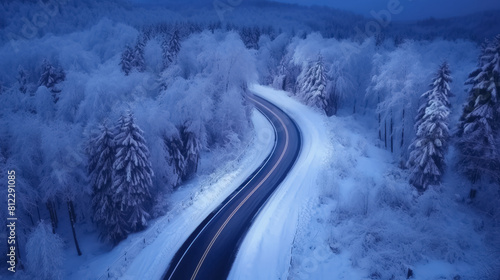 Windy road in snow covered forest