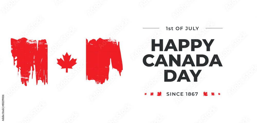 Minimalistic Canada day horizontal banner. Canadian flag on white background, red maple leaf. Template Victory day. 1st of July national holiday design. Greeting card poster decoration and covering Minimalistic Canada day horizontal banner. Canadian flag on white background, red maple leaf. Template Victory day. 1st of July national holiday design. Greeting card poster decoration and covering