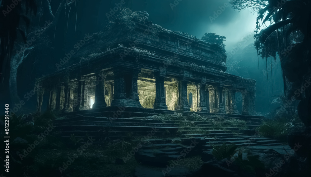Fantasy temple in tropical forest at night, old building ruins in jungle, Surreal mystical fantasy artwork Fantasy temple in tropical forest at night, old building ruins in jungle, Surreal mystical fantasy artwork