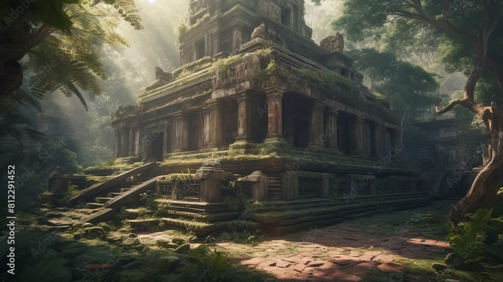 Old oriental temple ruins in jungle, ancient architecture, Surreal mystical fantasy artwork Old oriental temple ruins in jungle, ancient architecture, Surreal mystical fantasy artwork