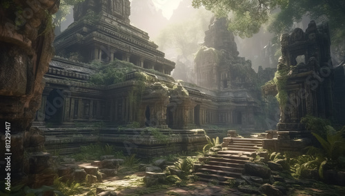 Temple ruins in fantasy mountains  old stone palace in jungle