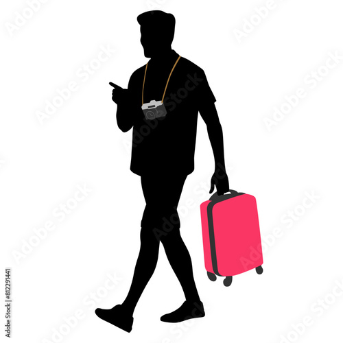 Silhouette of young man tourist with camera and smartphone. Male in casual clothes with a suitcase and tickets. Young male traveler goes on a journey. Vector illustration isolated on white