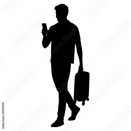 Silhouette of young man tourist with camera and smartphone. Male in casual clothes with a suitcase and tickets. Young male traveler goes on a journey. Vector illustration isolated on white