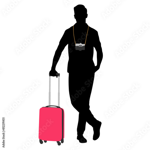 Silhouette of young man tourist with camera and smartphone. Male in casual clothes with a suitcase and tickets. Young male traveler goes on a journey. Vector illustration isolated on white