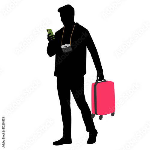 Silhouette of young man tourist with camera and smartphone. Male in casual clothes with a suitcase and tickets. Young male traveler goes on a journey. Vector illustration isolated on white