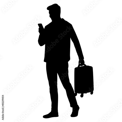 Silhouette of young man tourist with camera and smartphone. Male in casual clothes with a suitcase and tickets. Young male traveler goes on a journey. Vector illustration isolated on white