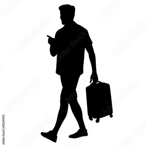 Silhouette of young man tourist with camera and smartphone. Male in casual clothes with a suitcase and tickets. Young male traveler goes on a journey. Vector illustration isolated on white