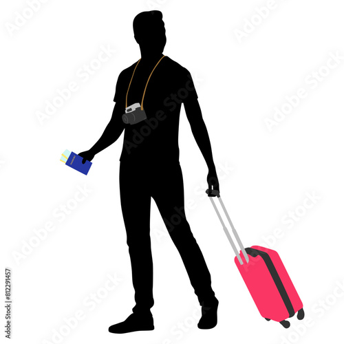 Silhouette of young man tourist with camera and smartphone. Male in casual clothes with a suitcase and tickets. Young male traveler goes on a journey. Vector illustration isolated on white