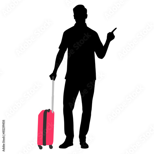 Silhouette of young man tourist with camera and smartphone. Male in casual clothes with a suitcase and tickets. Young male traveler goes on a journey. Vector illustration isolated on white