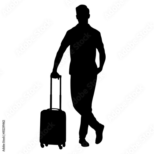 Silhouette of young man tourist with camera and smartphone. Male in casual clothes with a suitcase and tickets. Young male traveler goes on a journey. Vector illustration isolated on white
