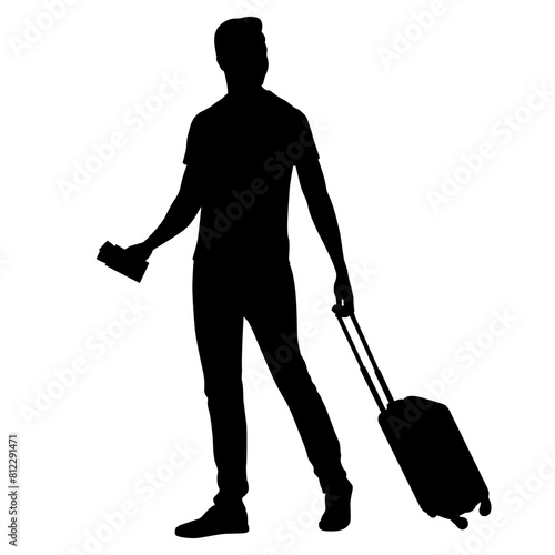 Silhouette of young man tourist with camera and smartphone. Male in casual clothes with a suitcase and tickets. Young male traveler goes on a journey. Vector illustration isolated on white