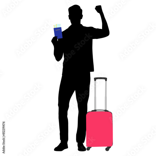 Silhouette of young man tourist with camera and smartphone. Male in casual clothes with a suitcase and tickets. Young male traveler goes on a journey. Vector illustration isolated on white