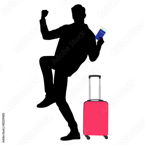 Silhouette of young man tourist with camera and smartphone. Male in casual clothes with a suitcase and tickets. Young male traveler goes on a journey. Vector illustration isolated on white
