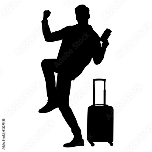 Silhouette of young man tourist with camera and smartphone. Male in casual clothes with a suitcase and tickets. Young male traveler goes on a journey. Vector illustration isolated on white