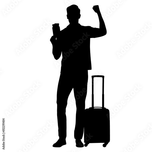 Silhouette of young man tourist with camera and smartphone. Male in casual clothes with a suitcase and tickets. Young male traveler goes on a journey. Vector illustration isolated on white