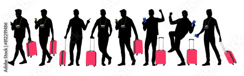 Silhouette of young man tourist with camera and smartphone. Male in casual clothes with a suitcase and tickets. Young male traveler goes on a journey. Vector illustration set isolated on white