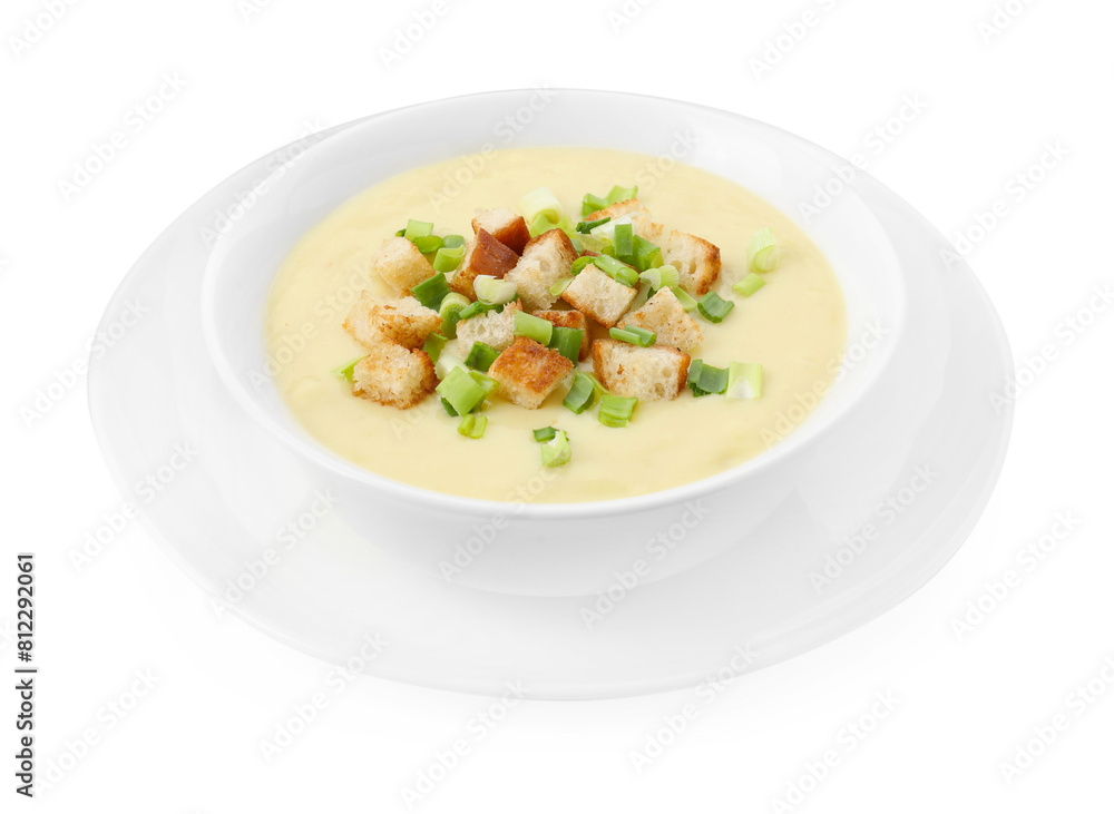 Tasty potato soup with croutons and green onion in bowl isolated on white Tasty potato soup with croutons and green onion in bowl isolated on white