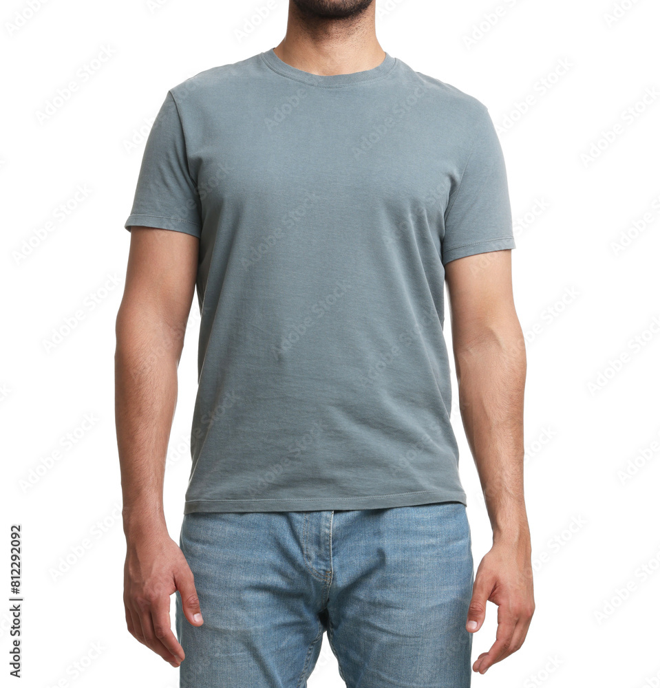 Man wearing t-shirt on white background, closeup Man wearing t-shirt on white background, closeup