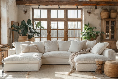 Farmhouse country boho style living room with a white corner sofa