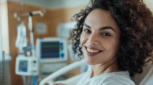 Portrait of a smiling female healthcare worker with curly hair in a hospital  showcasing positivity and professionalism amidst medical equipment in a healthcare setting