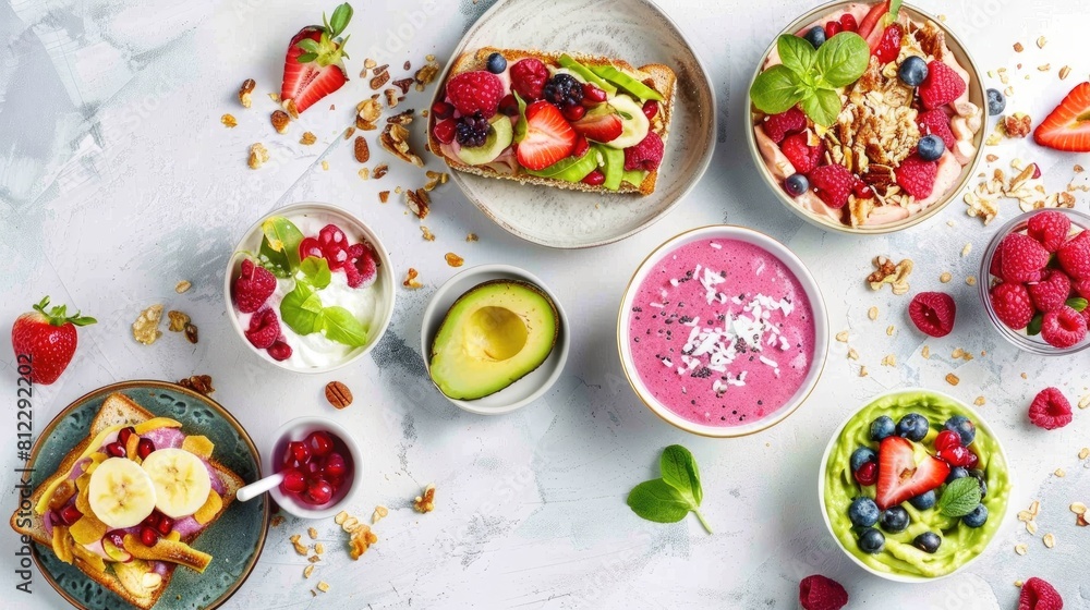 A stunning flat lay captures a delightful assortment for breakfast a vibrant smoothie bowl avocado toast and a tempting dessert beautifully arranged on a pristine white marble background vi A stunning flat lay captures a delightful assortment for breakfast a vibrant smoothie bowl avocado toast and a tempting dessert beautifully arranged on a pristine white marble background vi