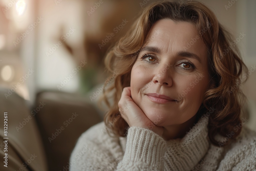 Portrait of a content middle-aged woman wearing a warm sweater, smiling gently while relaxing indoors, her hand resting thoughtfully on her cheek against a soft, blurred background Portrait of a content middle-aged woman wearing a warm sweater, smiling gently while relaxing indoors, her hand resting thoughtfully on her cheek against a soft, blurred background