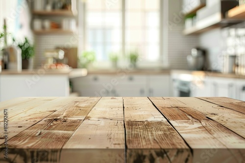 Wood table top on blur kitchen room background .For montage product display or design key visual layout - generative ai