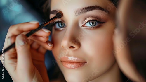 A makeup artist is putting on eyeliner on a stunning young woman.