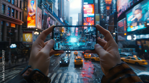 Immersive Augmented Reality City Game: Players Explore Streets, Interact with Virtual Elements | Photorealistic Concept