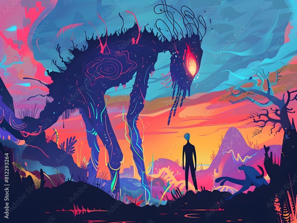 Enigmatic Silhouettes Inhabit Otherworldly Dark Fantasy Landscape with Expressive Flat Line Art and Abstract Elements Enigmatic Silhouettes Inhabit Otherworldly Dark Fantasy Landscape with Expressive Flat Line Art and Abstract Elements