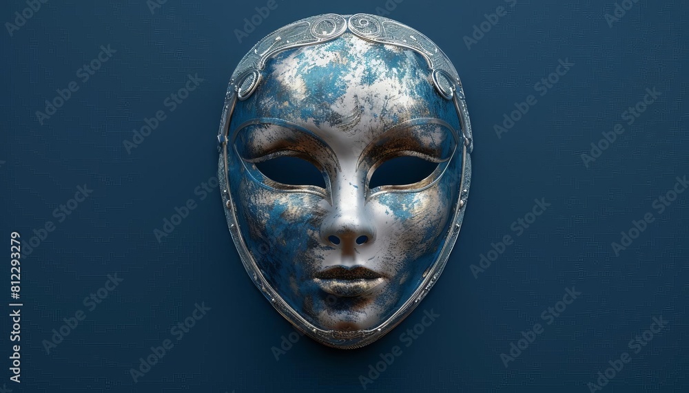 Exhibit a Venetian mask with a sleek, modern design using metallic shades, displayed prominently on a dark blue background Exhibit a Venetian mask with a sleek, modern design using metallic shades, displayed prominently on a dark blue background