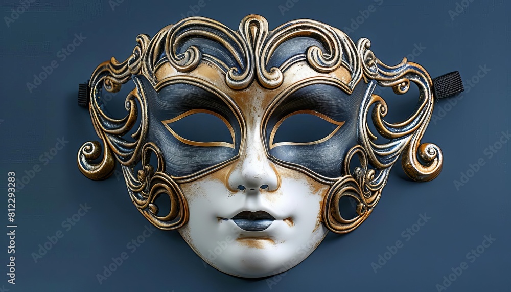 Exhibit a Venetian mask with a sleek, modern design using metallic shades, displayed prominently on a dark blue background