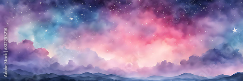  Watercolor sky with clouds and stars, dreamy, soft blue purple and pink color background , banner 