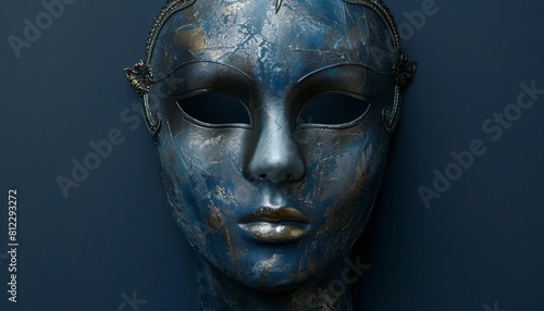 Exhibit a Venetian mask with a sleek, modern design using metallic shades, displayed prominently on a dark blue background
