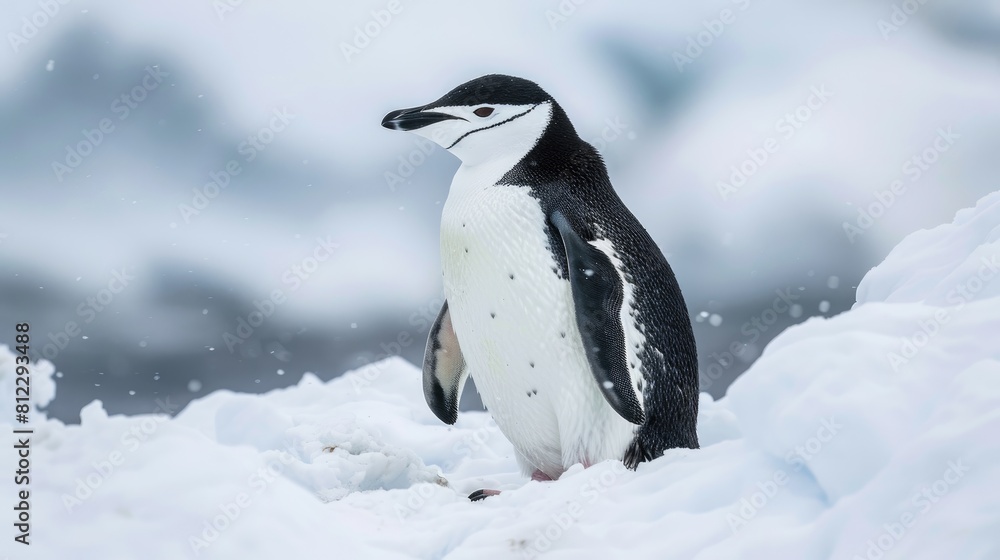 Fototapeta premium Chinstrap penguin standing on the snowy terrain of Antarctica