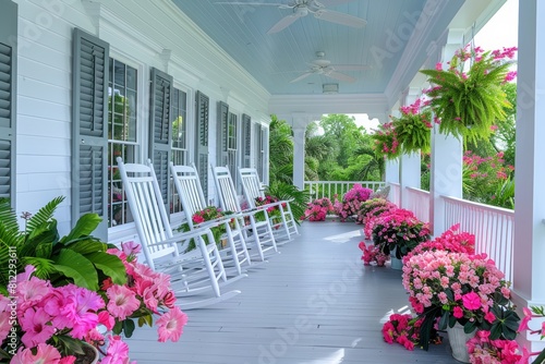 Traditional southern porch with white rocking chairs and ceiling fans