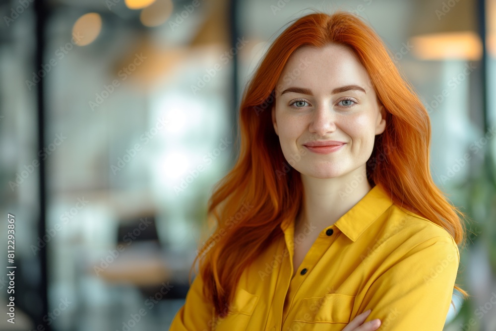 custom made wallpaper toronto digitalProfessional portrait of a smiling young woman with striking red hair, dressed in a stylish yellow blouse, posing confidently in a modern office environment with a blurred background