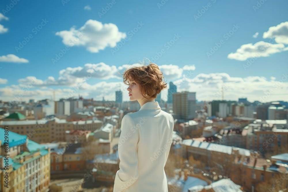 Young Female Entrepreneur stand in front of the town.self-confident posture.