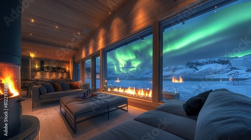 Wallpaper Mural A beautiful cabin in the snowy landscape with a view of the Northern Lights from inside.  Torontodigital.ca