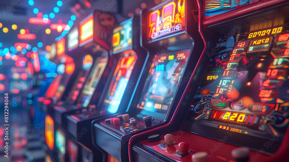 Photo realistic High Score Challenge on Classic Arcade concept as Gamers compete to achieve high scores, reviving the thrill of retro gaming   Stock Photo Concept