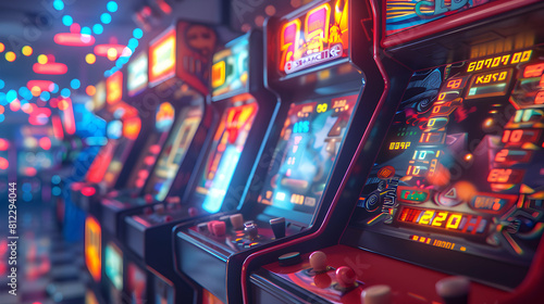 Photo realistic High Score Challenge on Classic Arcade concept as Gamers compete to achieve high scores, reviving the thrill of retro gaming Stock Photo Concept