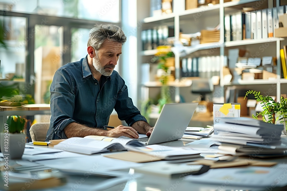 Professional Appraiser immersed in financial workspace with tools and documents Professional Appraiser immersed in financial workspace with tools and documents