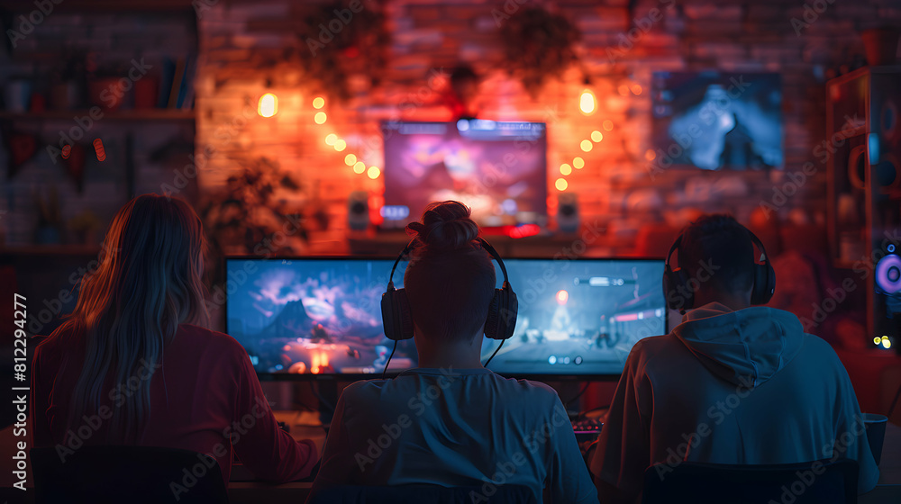 Immersive LAN Party Gaming Setup: Friends Unite for Overnight Gaming Marathon at Local Area Network LAN Party, Photo Realistic Concept