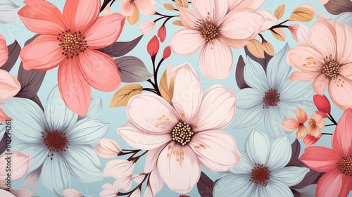 Seamless Floral Pattern with Beautiful Pastel-Colored Flowers and Leaves.